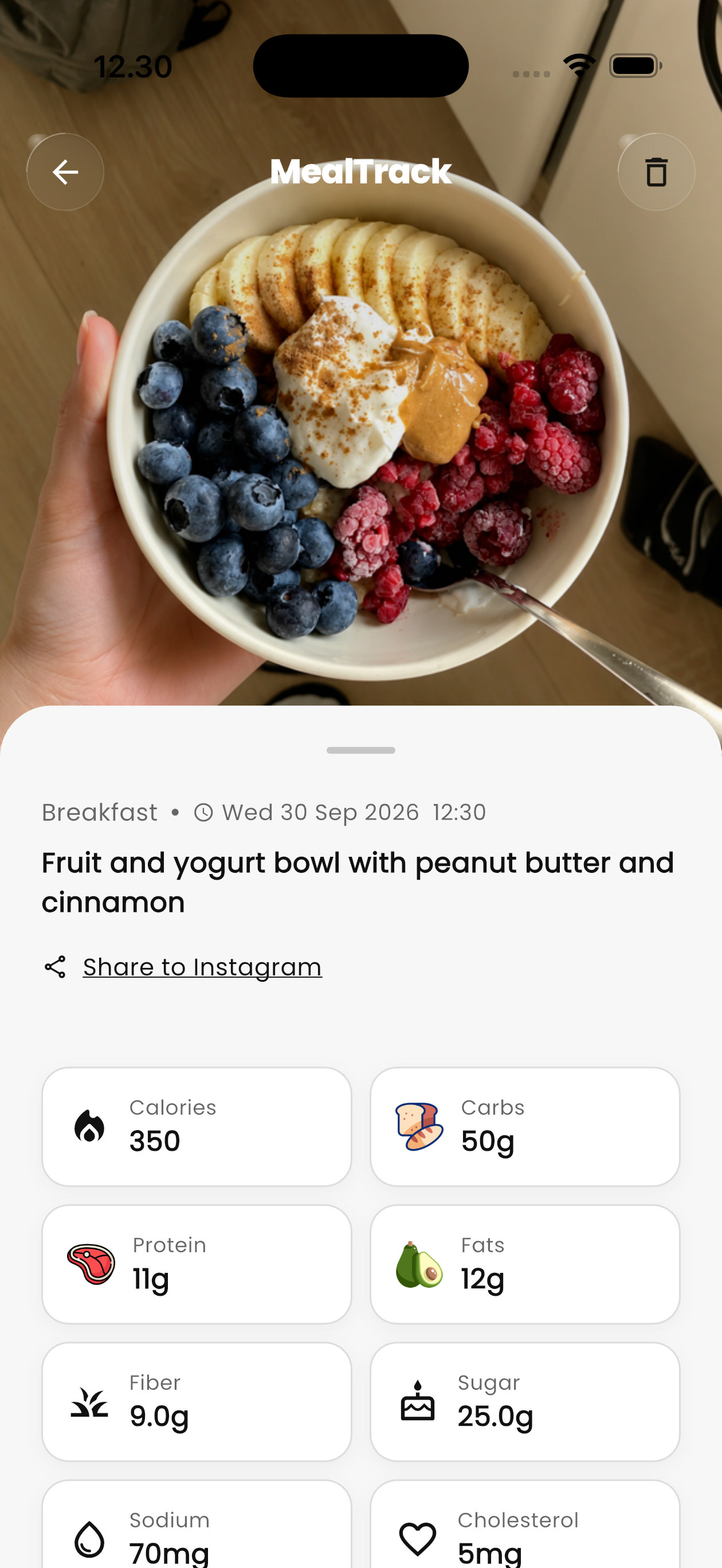 Calories and nutrition breakdown for a scanned meal
