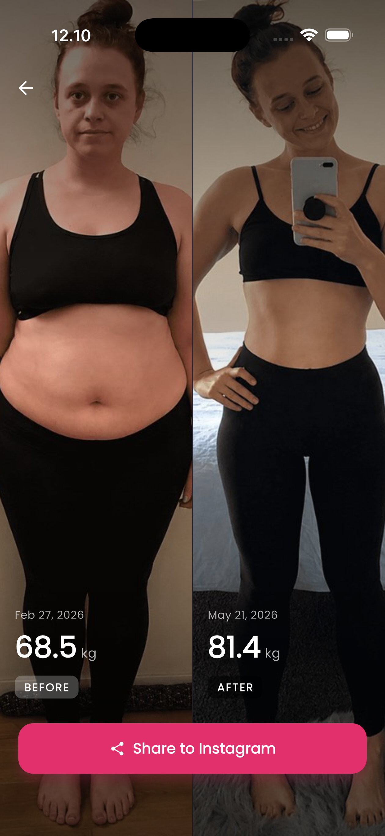 Before and after progress photos with weight